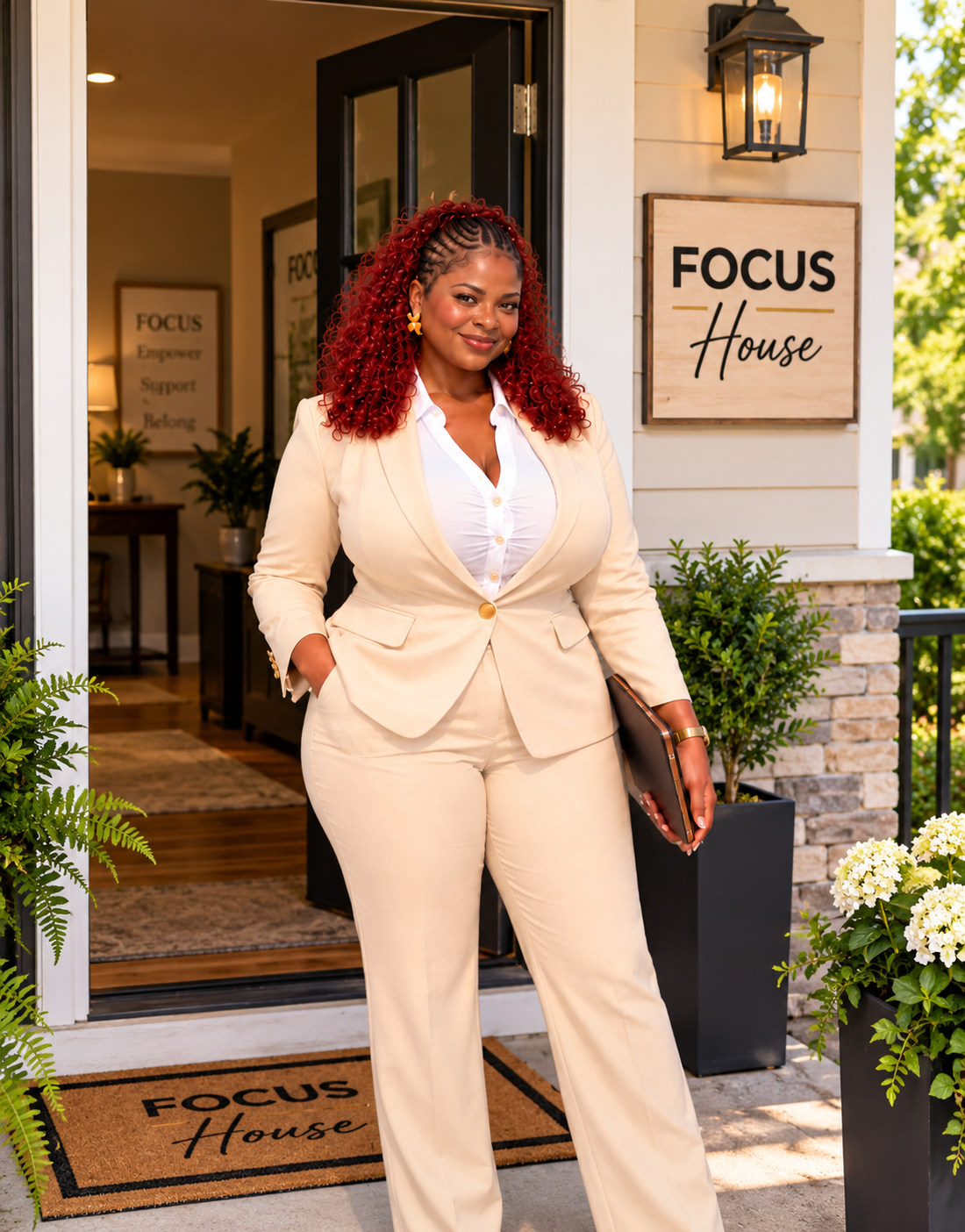 Illustrative portrait of Joanna, FOCUS House AI spokeswoman, standing at a staged FOCUS House welcome entrance